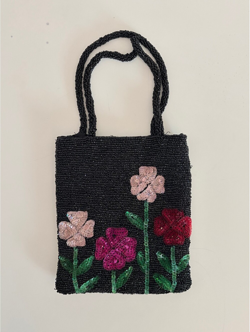 Black Beaded Handbag Floral Details Vintage 5" x 7"